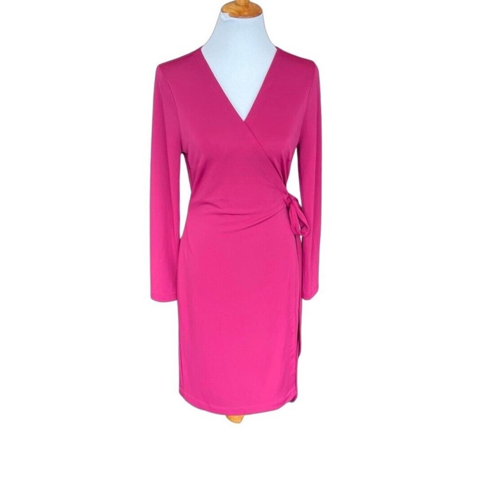 Pink Long Sleeve V-Neck Wrap Dress